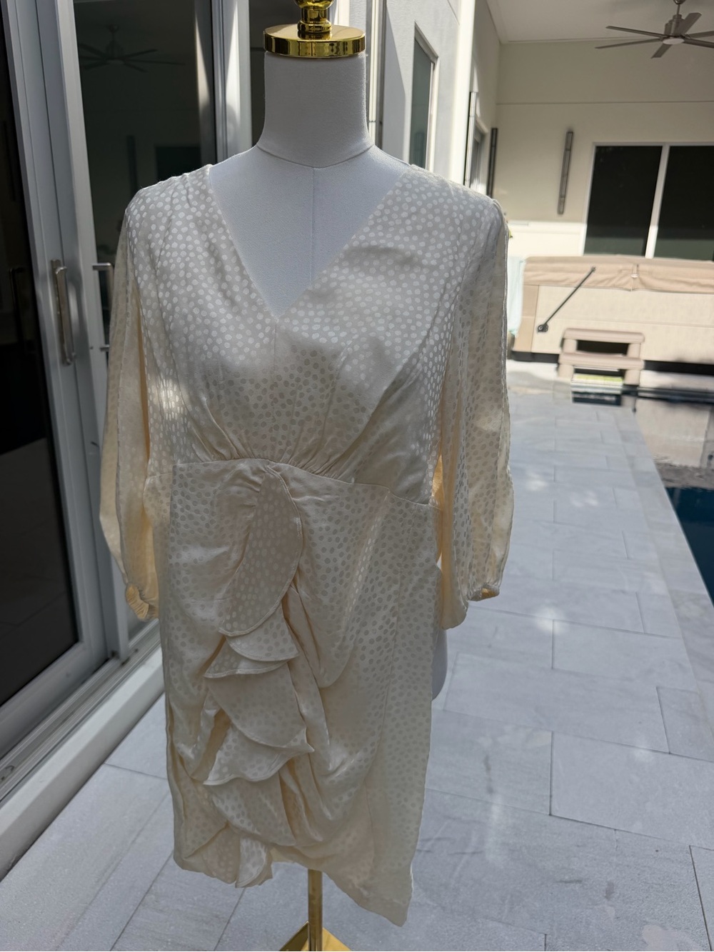 BCBGMaxAzria Cream Satin Polka Dot Ruffle Mini Dress
